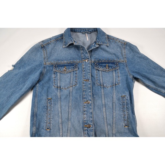 FREE PEOPLE Studded Original Denim Jean Distressed B/F Trucker Jacket Womens S‎ - Picture 6 of 16